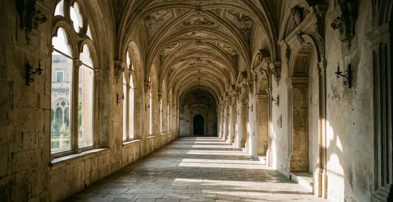 Vista suggestiva di un corridoio storico illuminato con architettura rinascimentale italiana