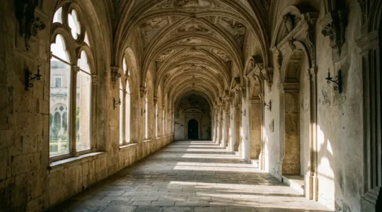 Vista suggestiva di un corridoio storico illuminato con architettura rinascimentale italiana