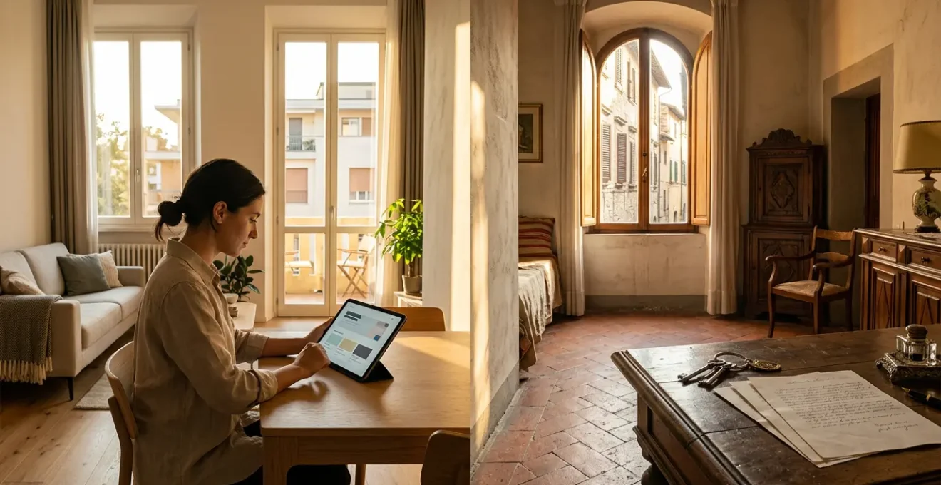 Confronto visivo tra affitto mensile tramite Airbnb e agenzia locale con elementi distintivi italiani