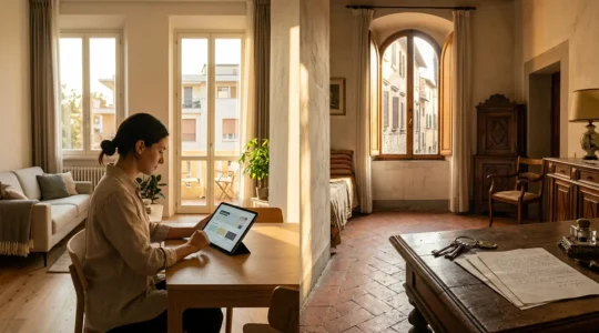Confronto visivo tra affitto mensile tramite Airbnb e agenzia locale con elementi distintivi italiani