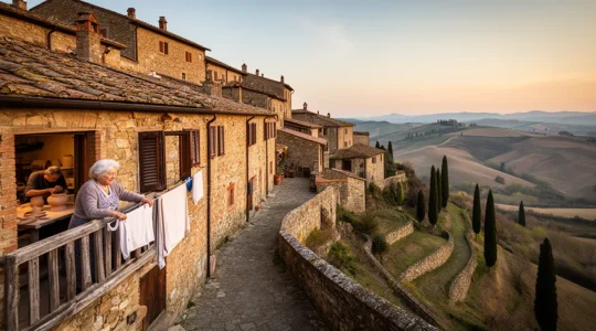 Borgo medievale italiano con vicoli in pietra e artigiani al lavoro nella luce dorata del tramonto