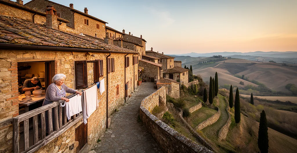 Borgo medievale italiano con vicoli in pietra e artigiani al lavoro nella luce dorata del tramonto
