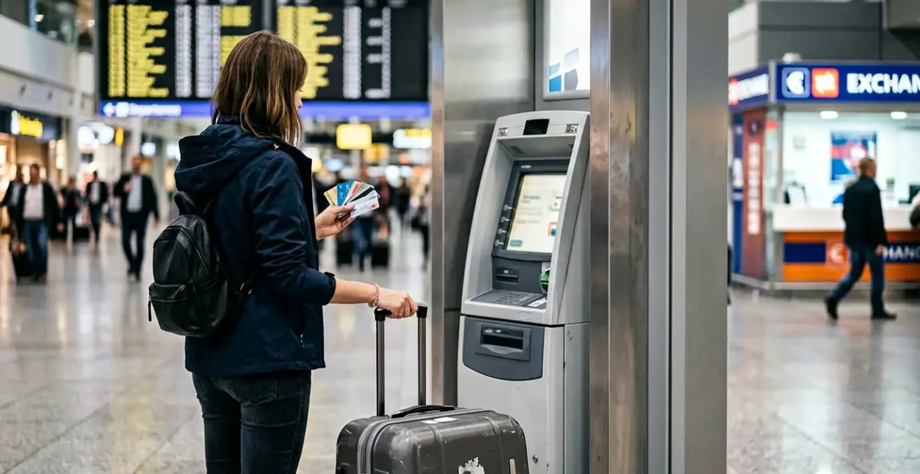 Viaggiatore davanti a un bancomat all'aeroporto che confronta carte di pagamento