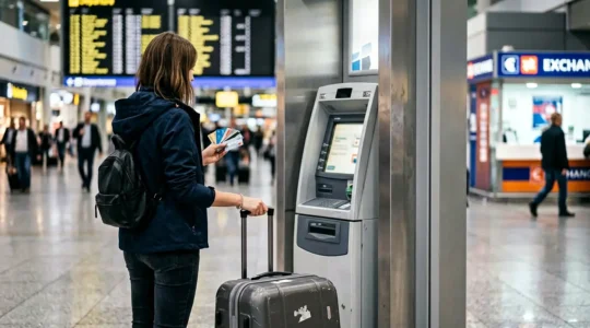 Viaggiatore davanti a un bancomat all'aeroporto che confronta carte di pagamento