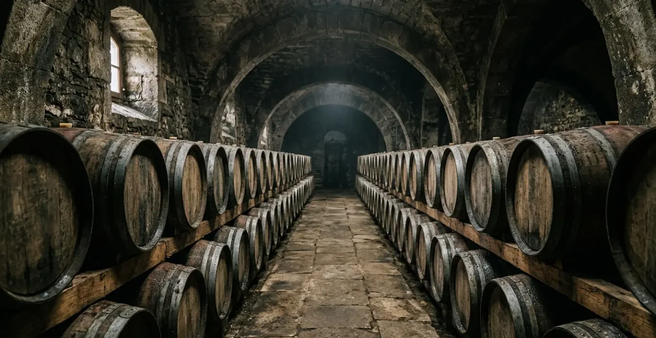 Vista panoramica di una cantina storica con botti di rovere per l'invecchiamento del vino