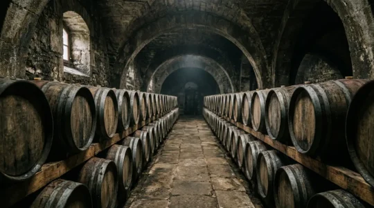 Vista panoramica di una cantina storica con botti di rovere per l'invecchiamento del vino