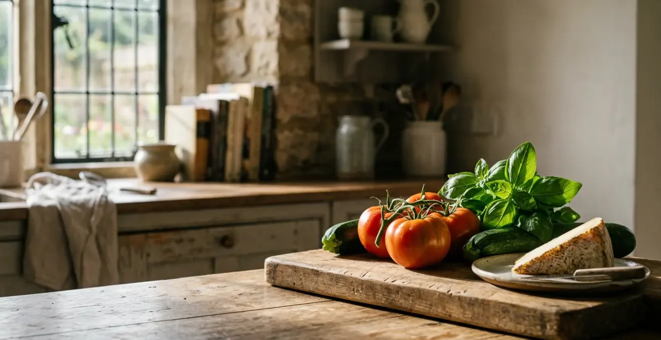Una cucina Airbnb con ingredienti freschi locali pronti per essere cucinati