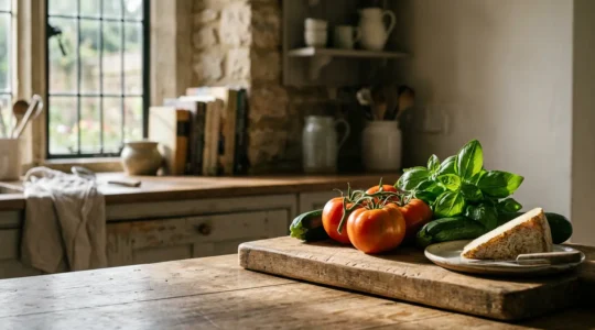 Una cucina Airbnb con ingredienti freschi locali pronti per essere cucinati
