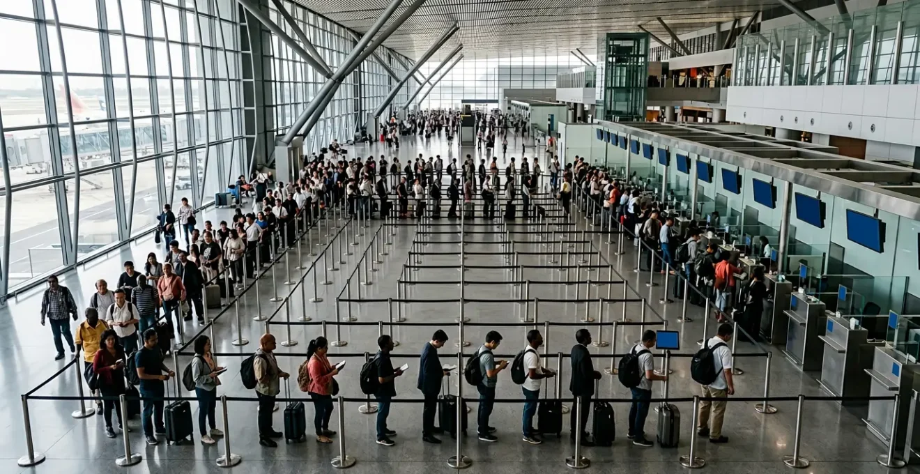 Viaggiatori con documenti digitali al controllo passaporti in un moderno aeroporto internazionale