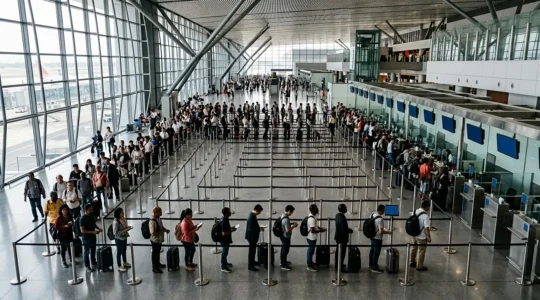 Viaggiatori con documenti digitali al controllo passaporti in un moderno aeroporto internazionale