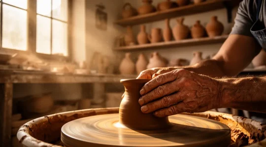 Mani di artigiano che modellano argilla al tornio in un laboratorio di ceramica italiano