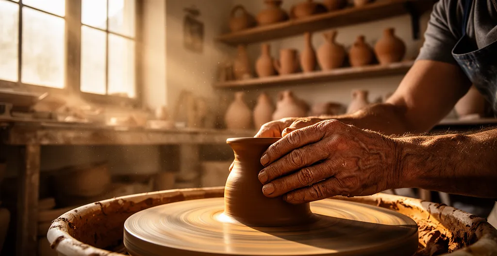 Mani di artigiano che modellano argilla al tornio in un laboratorio di ceramica italiano