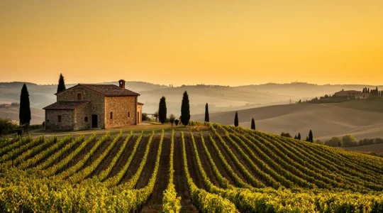 Vista panoramica di una cantina tradizionale nel Chianti durante l'ora dorata del tramonto