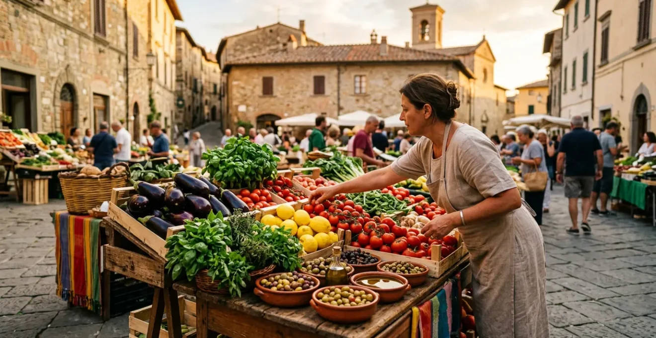 Viaggiatore che esplora un mercato mediterraneo italiano con prodotti freschi locali