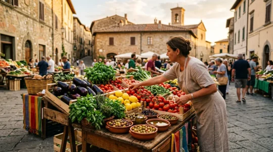 Viaggiatore che esplora un mercato mediterraneo italiano con prodotti freschi locali