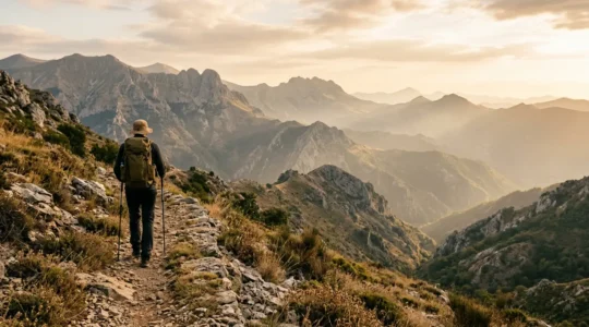 Escursionista con zaino e cappello su sentiero montano degli Appennini sotto il sole estivo