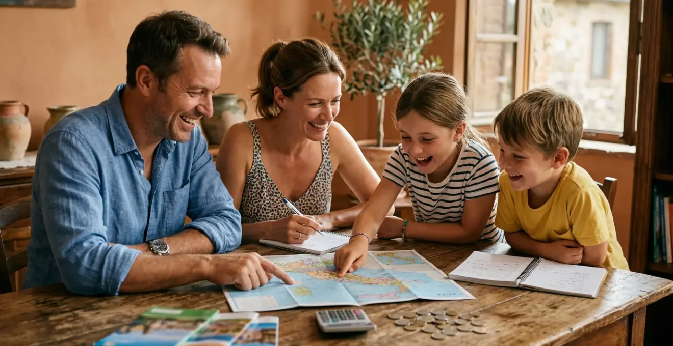 Famiglia di quattro persone che pianifica le vacanze estive con una mappa dell'Italia su un tavolo di legno