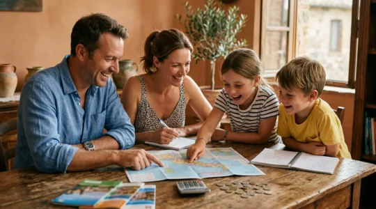 Famiglia di quattro persone che pianifica le vacanze estive con una mappa dell'Italia su un tavolo di legno