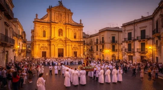 Vista serale di una processione patronale in un borgo del Sud Italia con fedeli e statue sacre illuminate