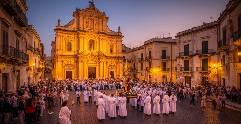 Vista serale di una processione patronale in un borgo del Sud Italia con fedeli e statue sacre illuminate