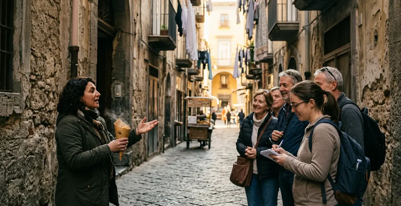 Guida esperta mostra specialità napoletane durante food tour autentico nei vicoli di Spaccanapoli