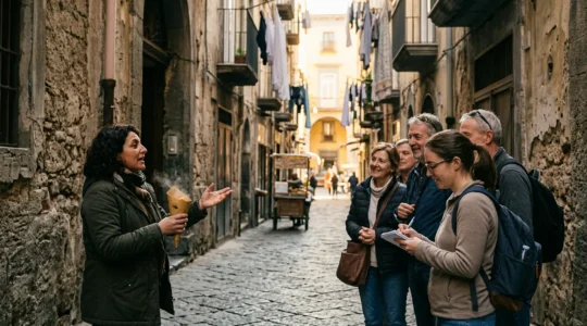 Guida esperta mostra specialità napoletane durante food tour autentico nei vicoli di Spaccanapoli