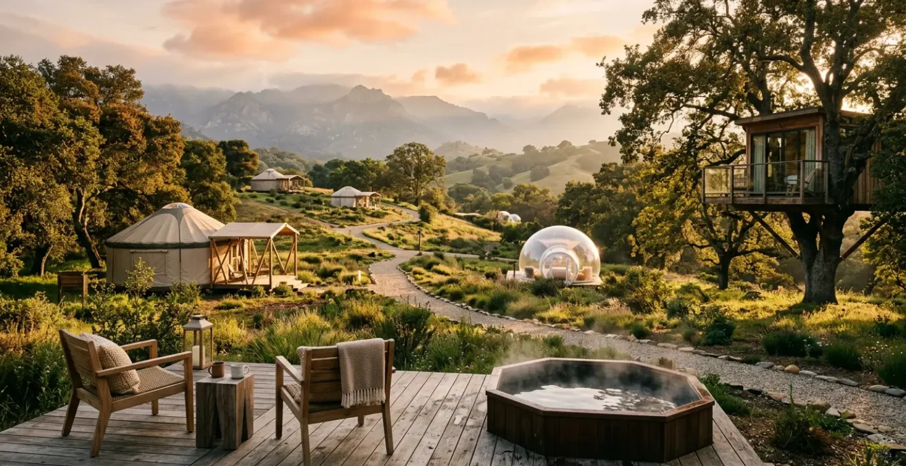 Vista panoramica di una struttura glamping di lusso immersa nella natura