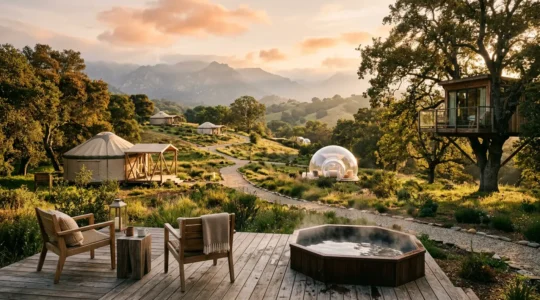 Vista panoramica di una struttura glamping di lusso immersa nella natura