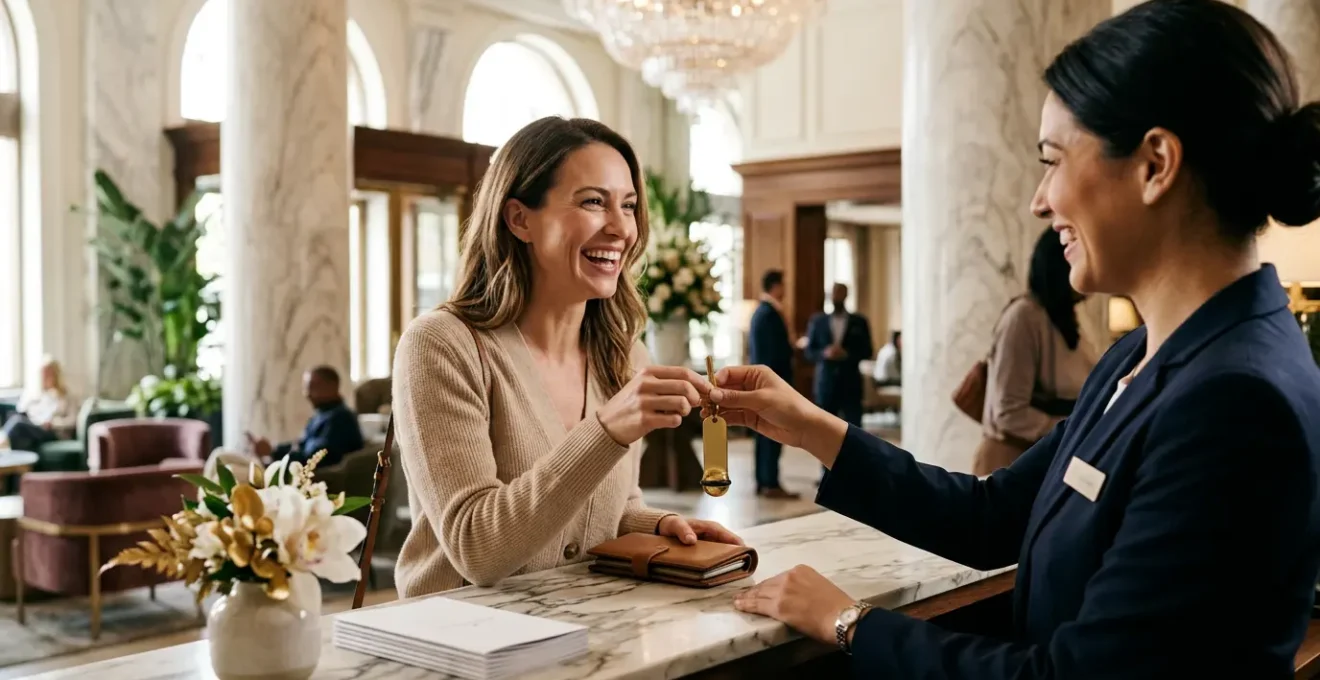 Reception hotel elegante con ospite che riceve chiave dorata della camera mentre sorride al concierge professionale