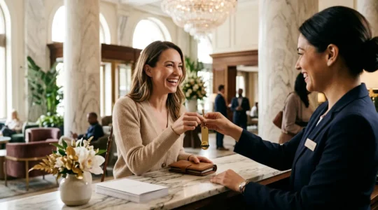 Reception hotel elegante con ospite che riceve chiave dorata della camera mentre sorride al concierge professionale