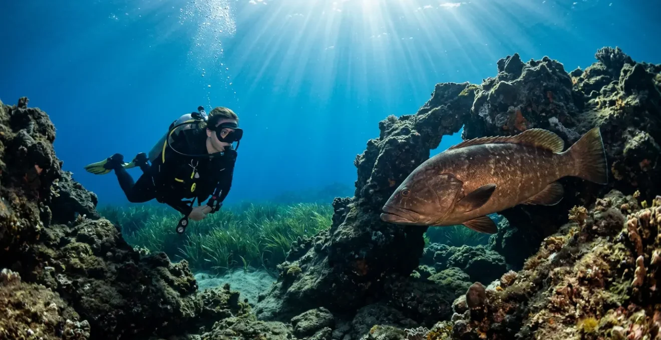 Subacqueo che osserva una cernia bruna tra le rocce vulcaniche di Ustica