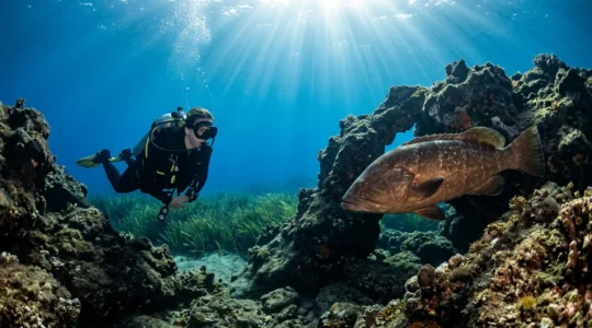 Subacqueo che osserva una cernia bruna tra le rocce vulcaniche di Ustica