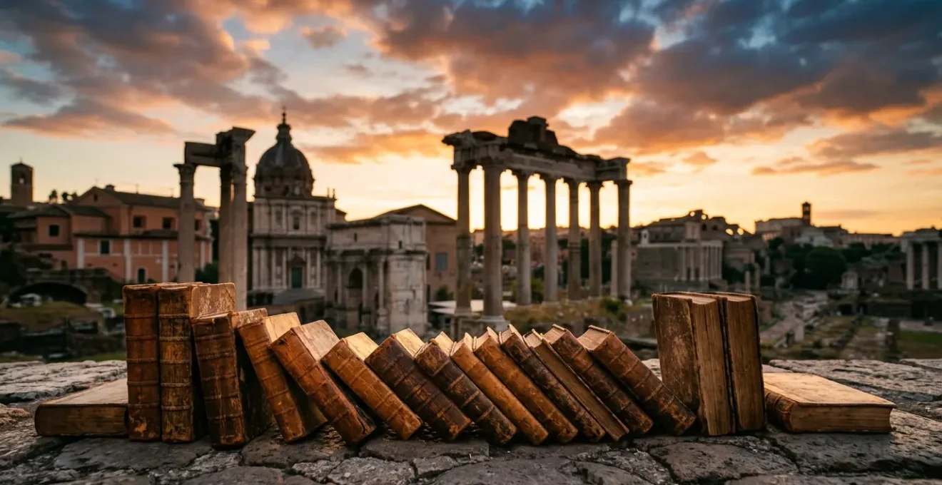 Libri antichi aperti con vista dei Fori Romani al tramonto