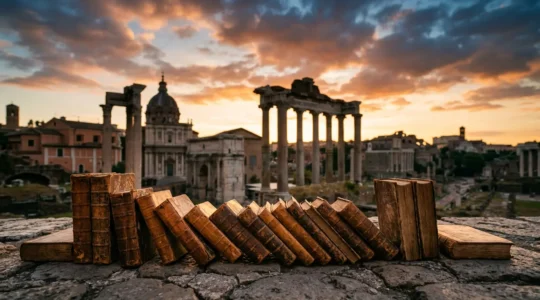 Libri antichi aperti con vista dei Fori Romani al tramonto