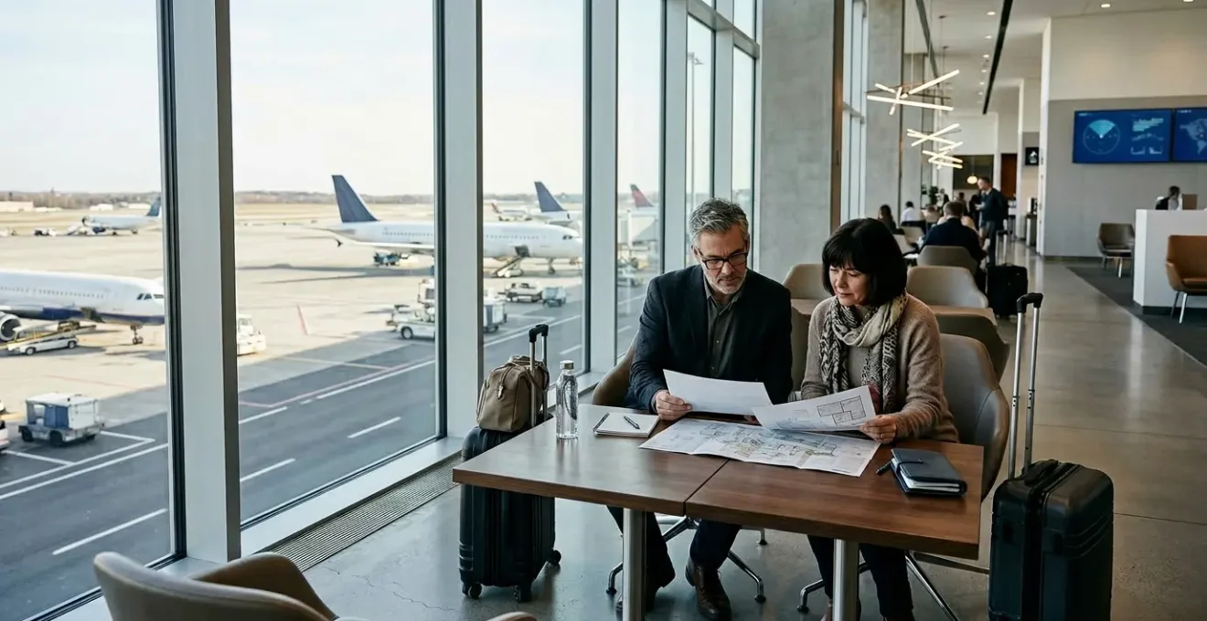 Coppia di viaggiatori che esaminano documenti assicurativi con skyline americano sullo sfondo