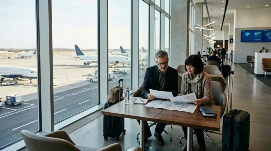 Coppia di viaggiatori che esaminano documenti assicurativi con skyline americano sullo sfondo