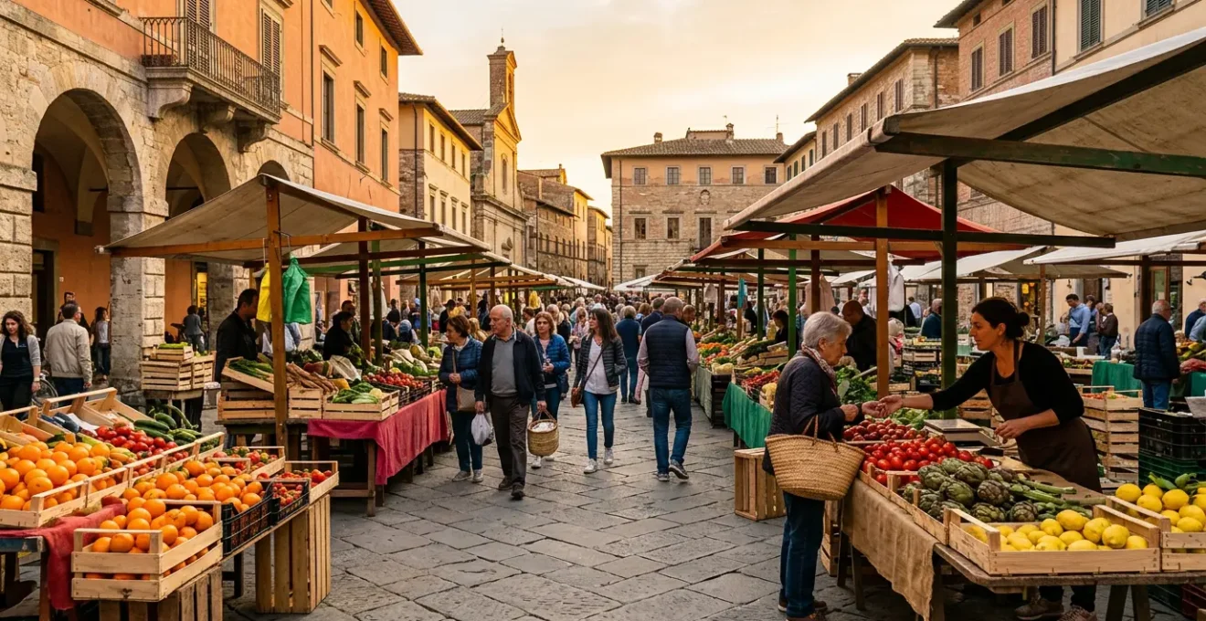 Vista panoramica di un mercato tradizionale italiano con bancarelle colorate di frutta e verdura