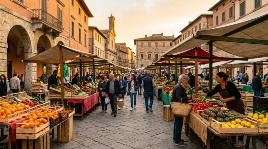 Vista panoramica di un mercato tradizionale italiano con bancarelle colorate di frutta e verdura