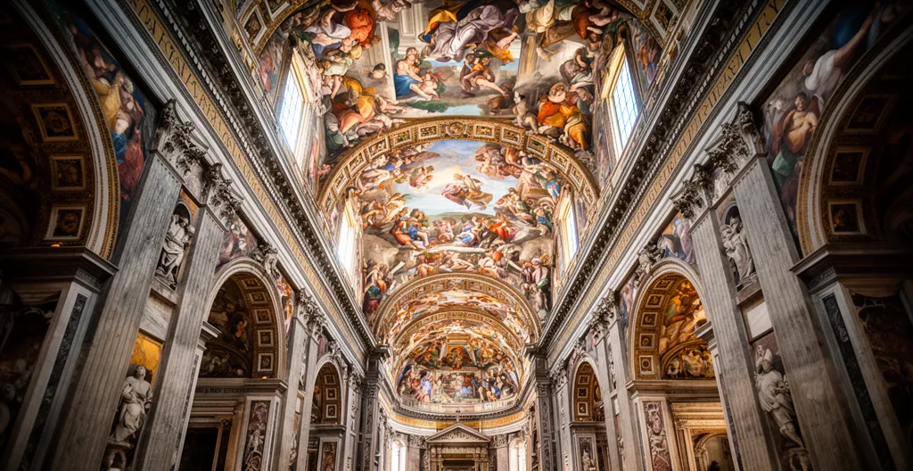 Vista panoramica della Cappella Sistina con gli affreschi di Michelangelo illuminati dalla luce naturale