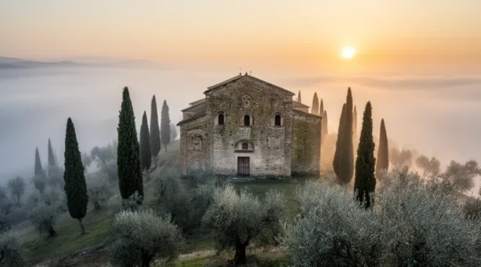 Paesaggio italiano sereno con monastero in collina, natura incontaminata e atmosfera contemplativa