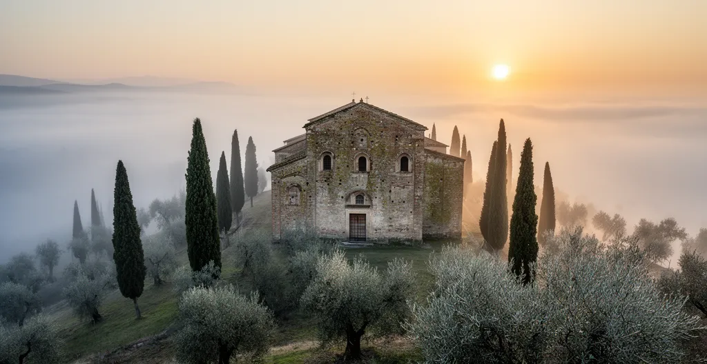 Paesaggio italiano sereno con monastero in collina, natura incontaminata e atmosfera contemplativa