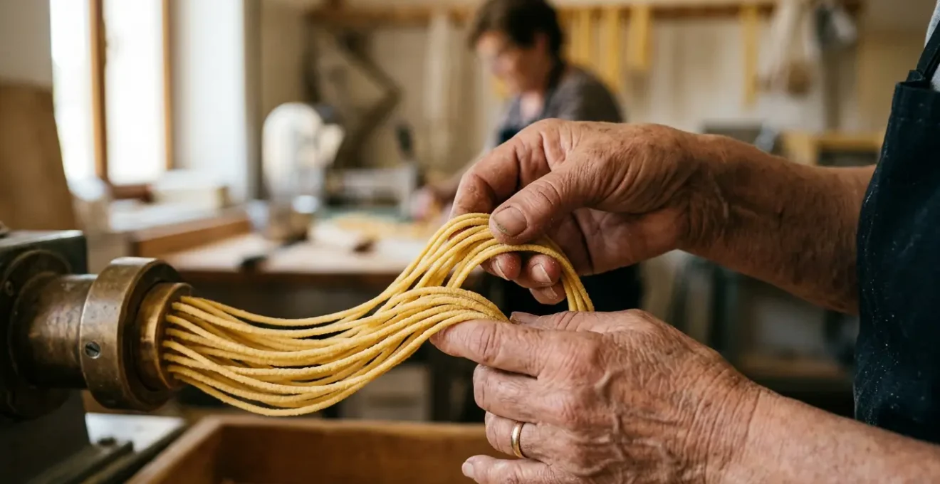 Mani esperte di pastaio che controllano la superficie ruvida della pasta appena trafilata al bronzo