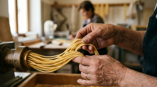 Mani esperte di pastaio che controllano la superficie ruvida della pasta appena trafilata al bronzo
