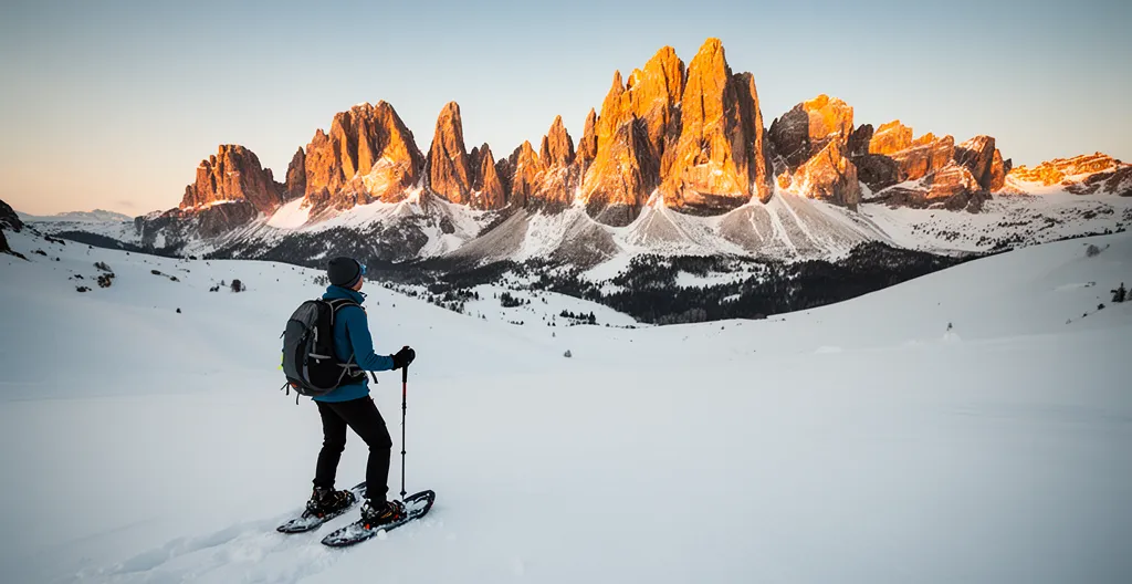 Escursionista principiante con ciaspole che ammira le Dolomiti innevate
