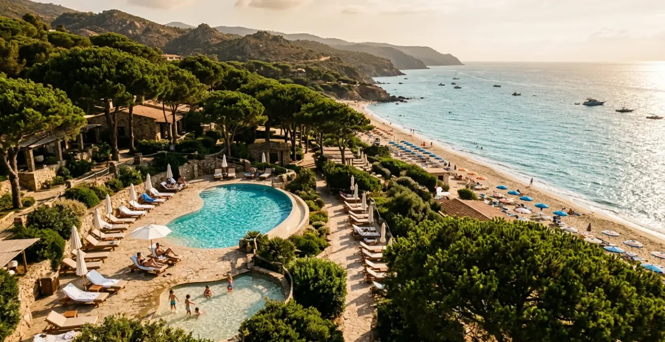 Vista panoramica di un resort balneare italiano con piscina e famiglie in relax, ambiente mediterraneo luminoso
