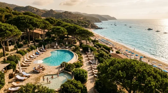 Vista panoramica di un resort balneare italiano con piscina e famiglie in relax, ambiente mediterraneo luminoso
