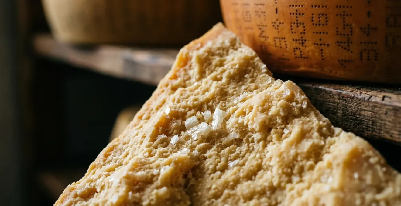 Forma di Parmigiano Reggiano DOP autentica con marchiature visibili e cristalli di tirosina