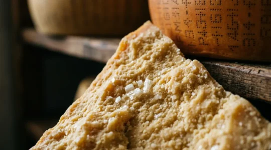 Forma di Parmigiano Reggiano DOP autentica con marchiature visibili e cristalli di tirosina