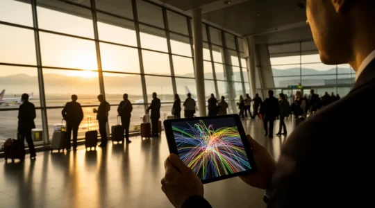 Viaggiatori in aeroporto moderno che controllano offerte voli su dispositivi digitali