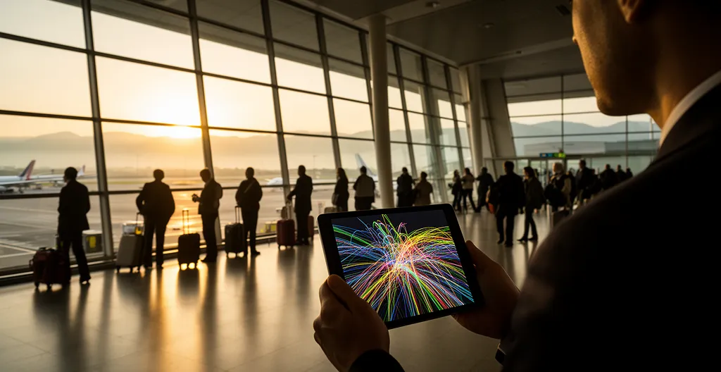 Viaggiatori in aeroporto moderno che controllano offerte voli su dispositivi digitali